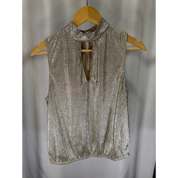 Express Tops - Express Women’s M Metallic Gold Pleated Sleeveless Keyhole Mock Neck Party Top